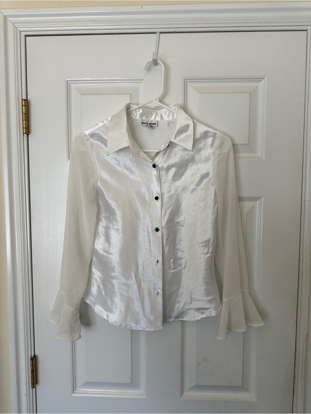 Amy's Closet Ivory Satin Button-Up Blouse with Sheer Ruffle Sleeves